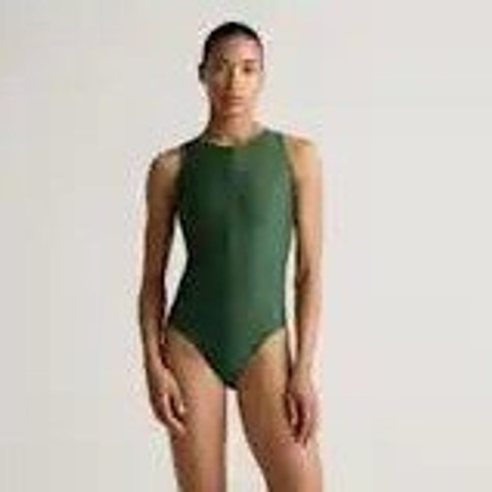New Quince Italian Zip-Front One-Piece Swimsuit XS Green Athletic Modest